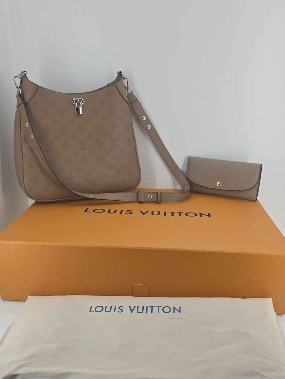 Louis Vuitton Taupe Embossed Monogram Hobo Shoulder Bag with Matching Wallet